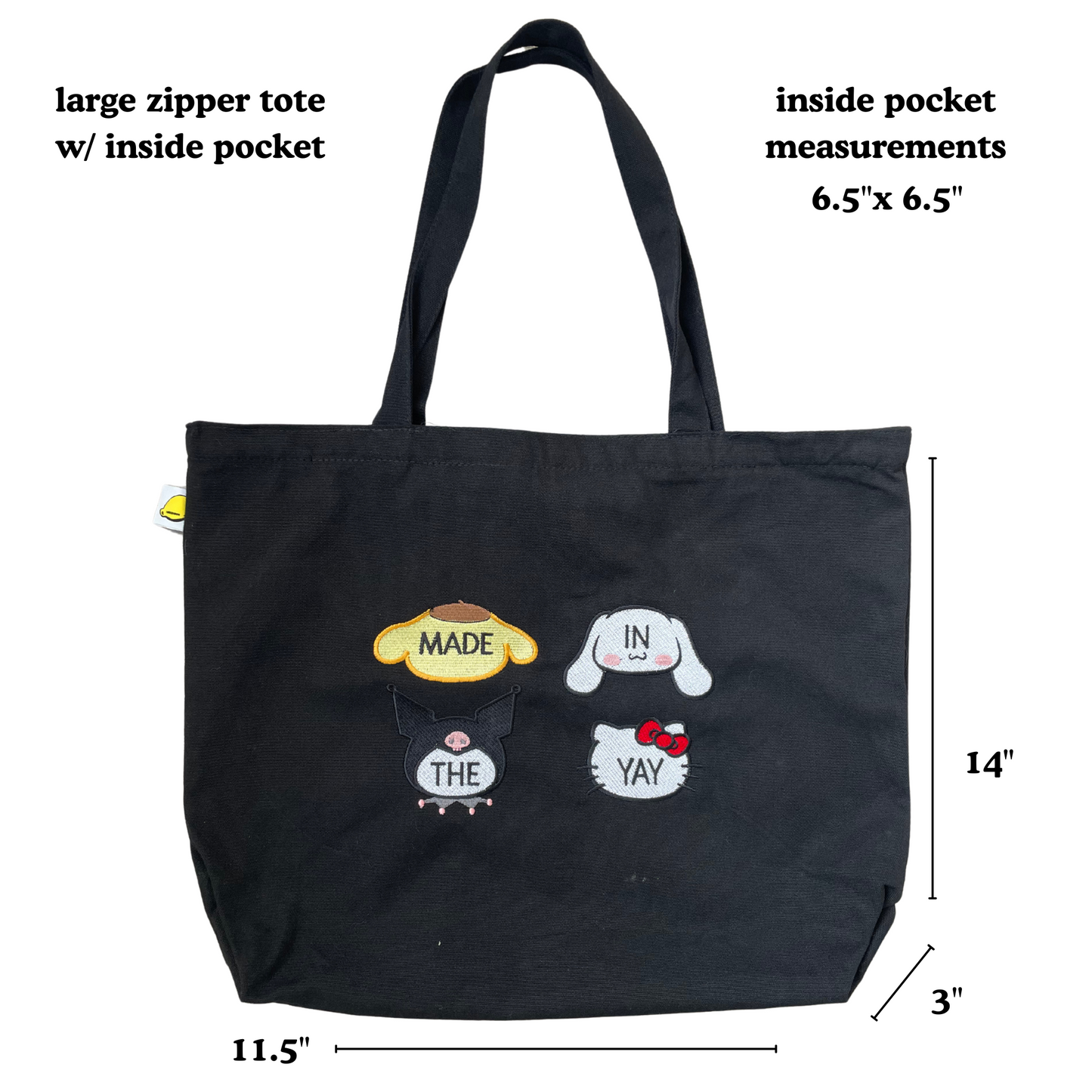 Sanrio / Made In The Yay | Large Black Zipper Tote